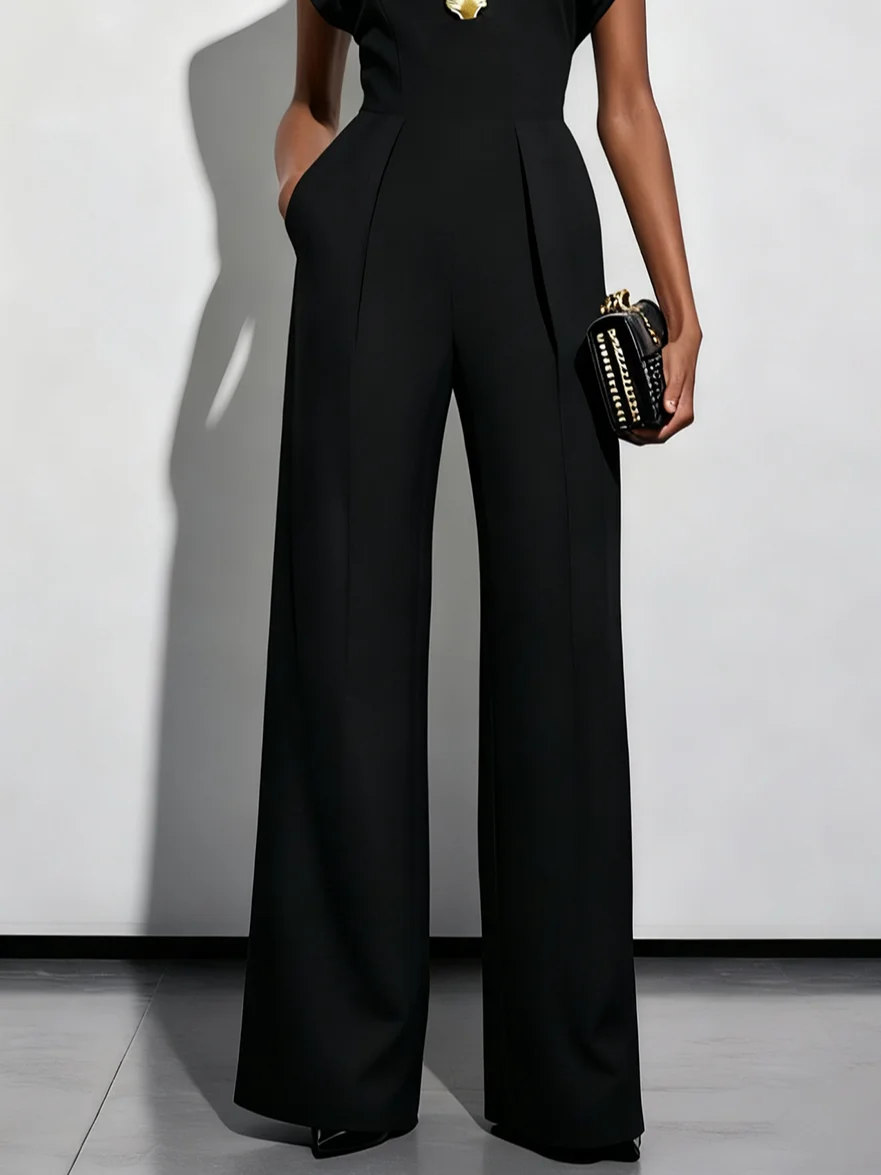 Women Black Buckle Hollow Out Crew Neck Cap Sleeve Dressy Jumpsuit