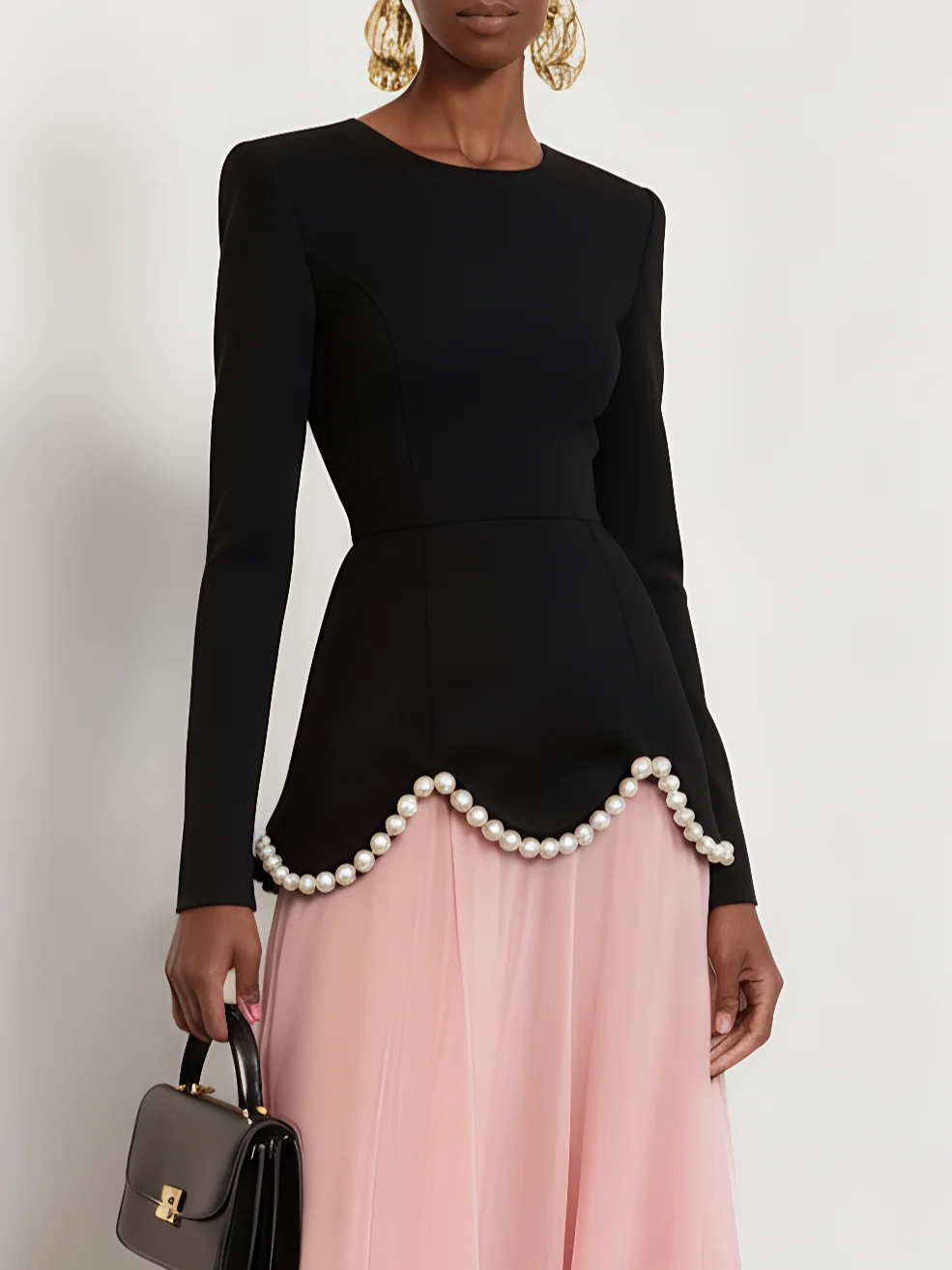 Pink Imitation Pearls Split Joint Peplum Crew Neck Long Sleeve A-Line Gown Dress