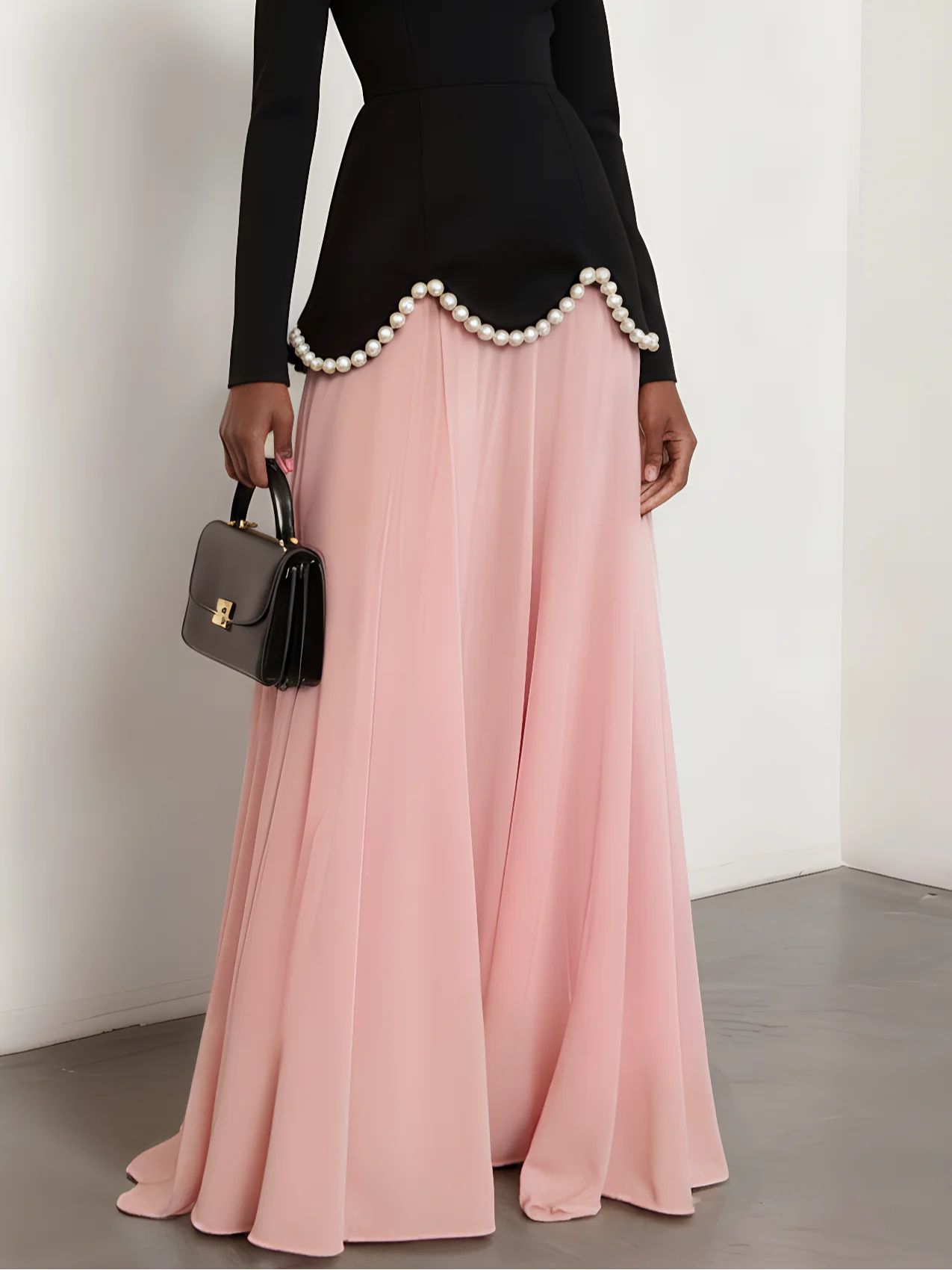 Pink Imitation Pearls Split Joint Peplum Crew Neck Long Sleeve A-Line Gown Dress