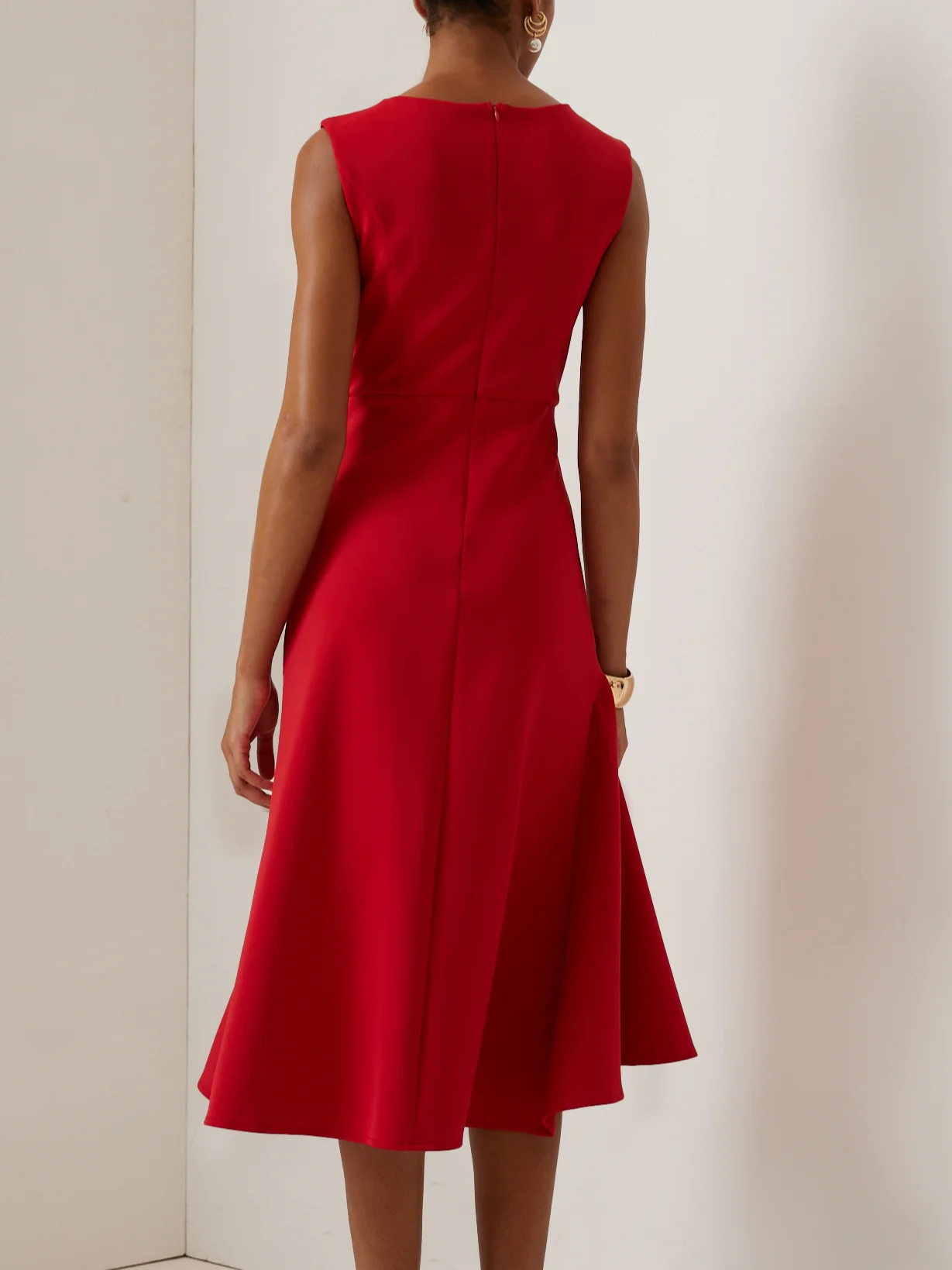 Red Asymmetric Ruffled Classic Boat Neck Sleeveless Midi Elegant A-line Dress with Waist Twist for Day-to-Night