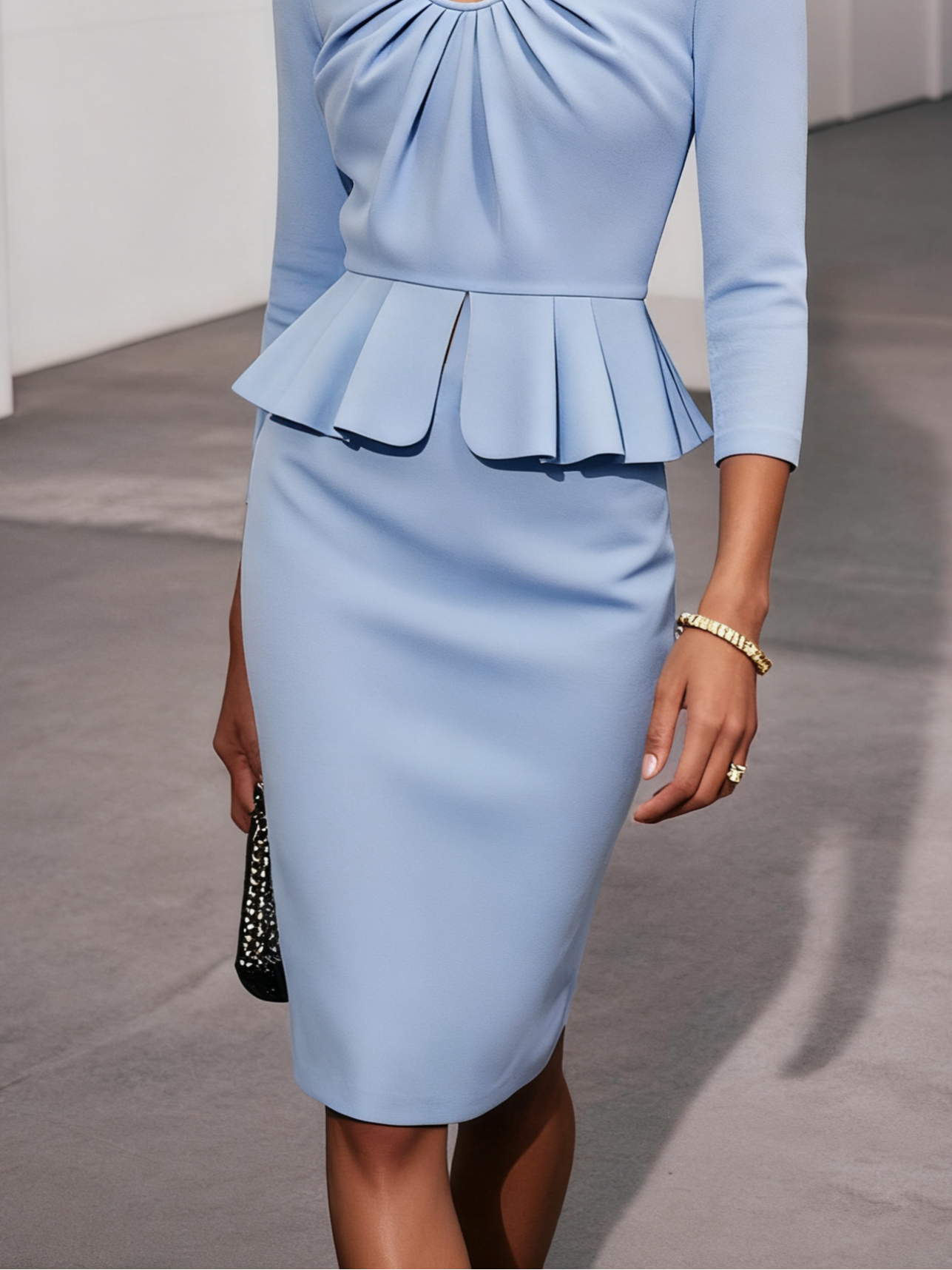 Light Blue Ruffled Ruched Peplum U-Neck Three Quarter Sleeve Sheath Midi Dress