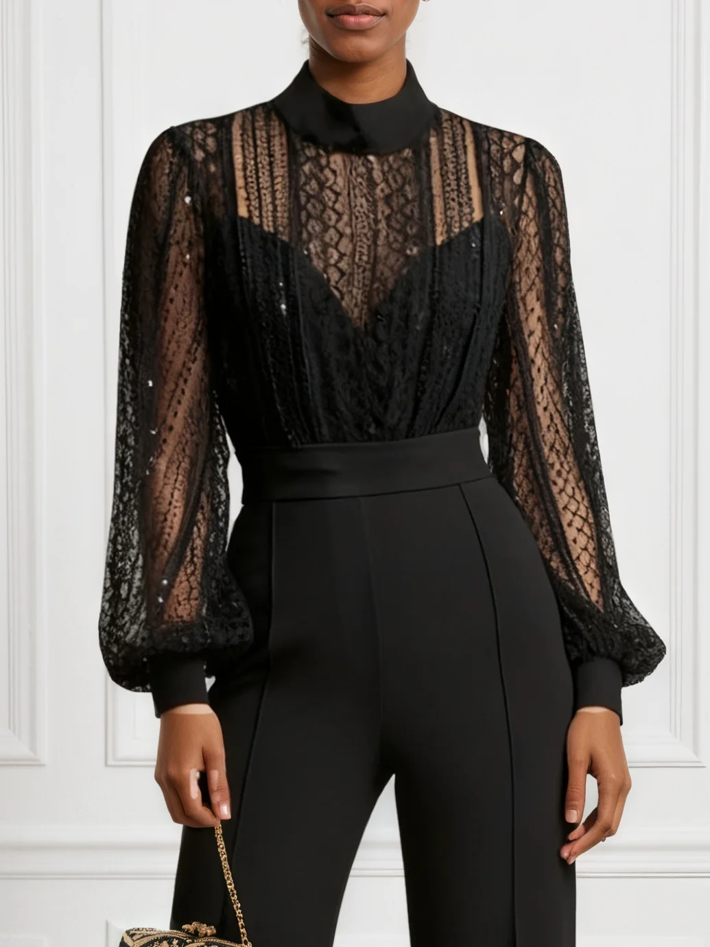 Women Black Lace Mock Neck Long Balloon Sleeve Dressy Jumpsuit