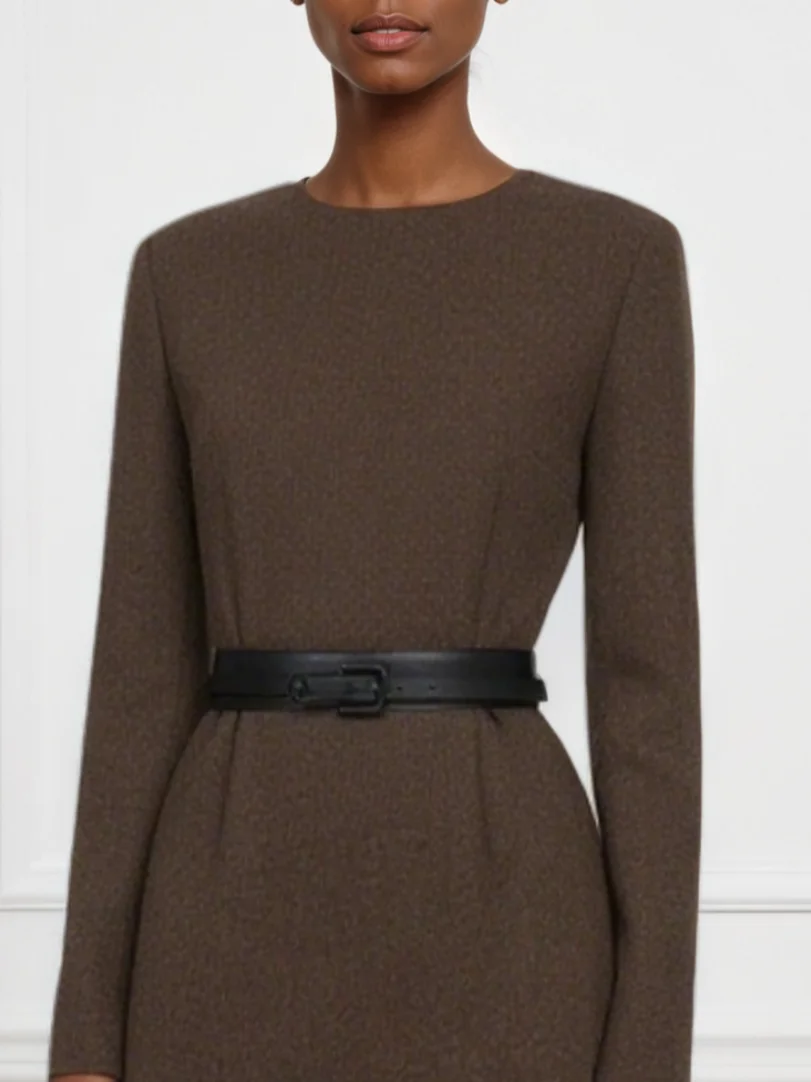 Light Brown Faux Fur Classic Crew Neck Long Sleeve Sheath Midi Dress