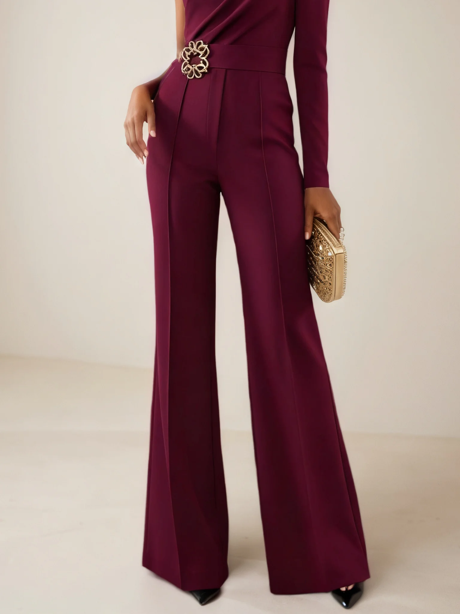 Women Burgundy Buckle Ruched One Shoulder Long Sleeve Dressy Jumpsuit