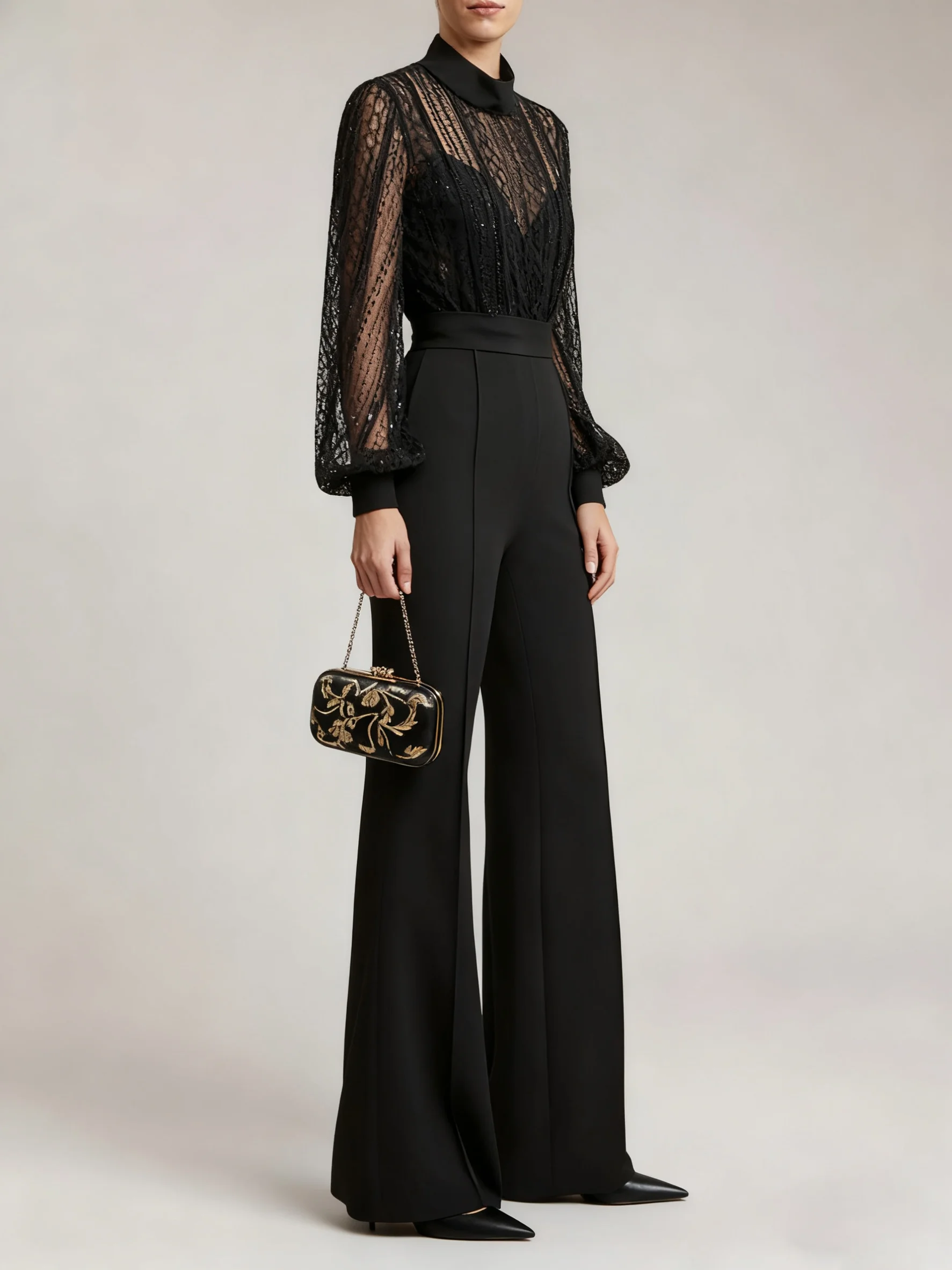 Women Black Lace Mock Neck Long Balloon Sleeve Dressy Jumpsuit