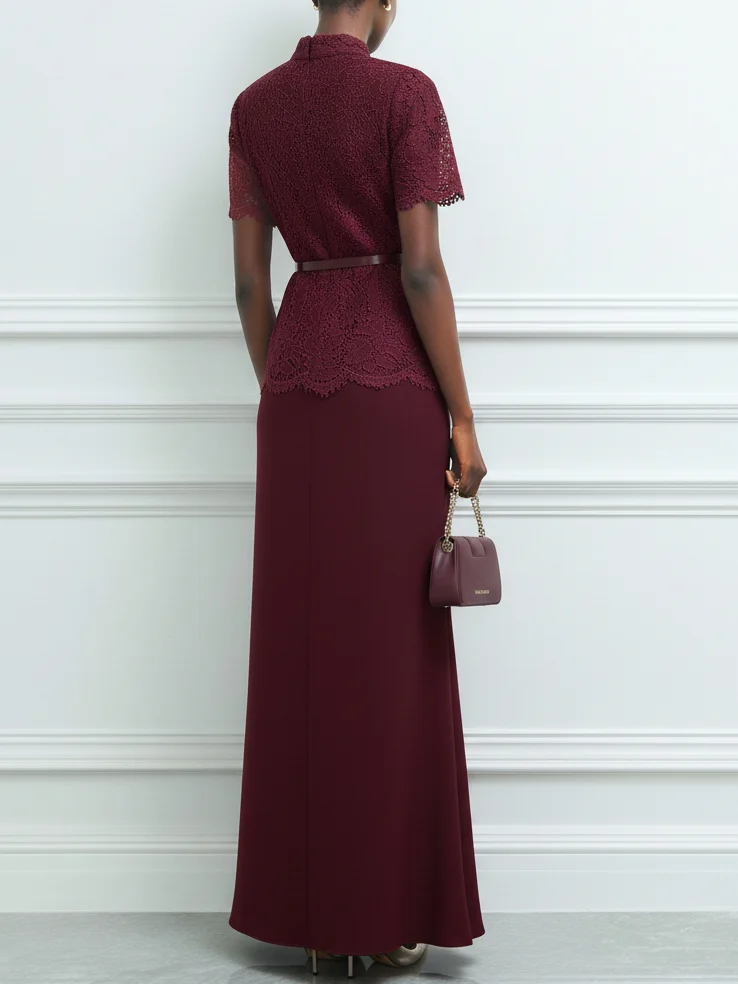Wine Red Buckle Lace Classic Mock Neck Short Sleeve Mermaid Maxi Dress