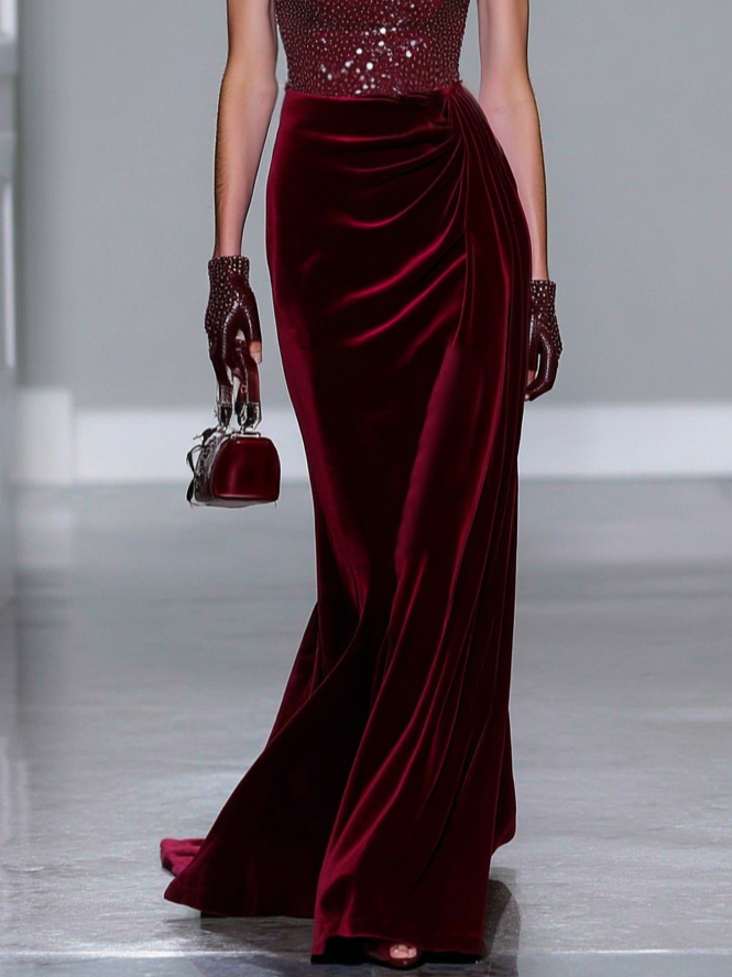 Burgundy Ruched Glitter Sequin Velvet Crew Neck Sleeveless Mermaid Gown Dress