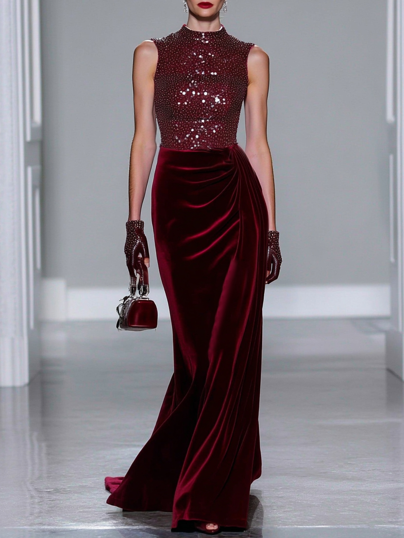 Burgundy Ruched Glitter Sequin Velvet Crew Neck Sleeveless Mermaid Gown Dress
