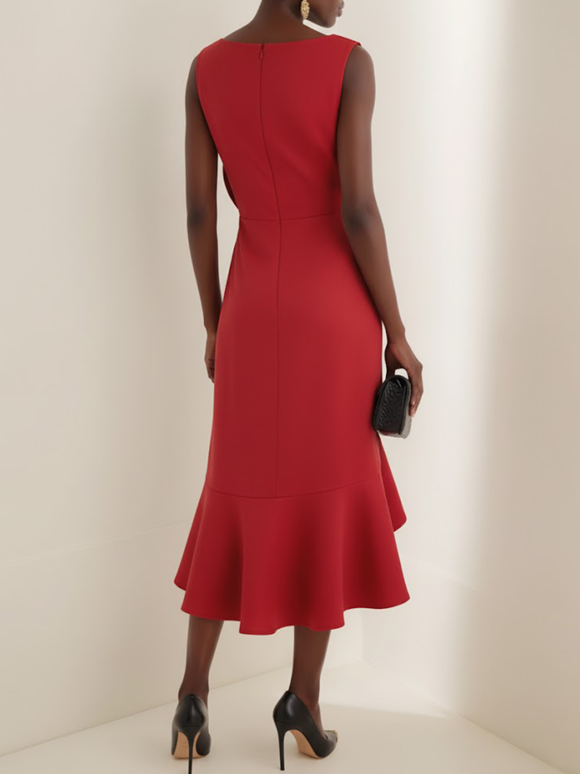 Red Asymmetric Ruffled Classic Boat Neck Sleeveless A-Line Midi Dress