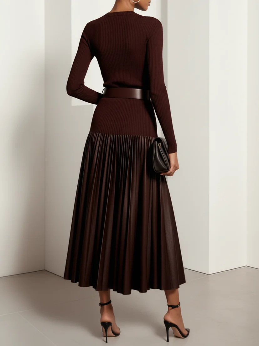 Burgundy Faux Leather Pleated Split Joint Knit Crew Neck Long Sleeve A-Line Maxi Dress
