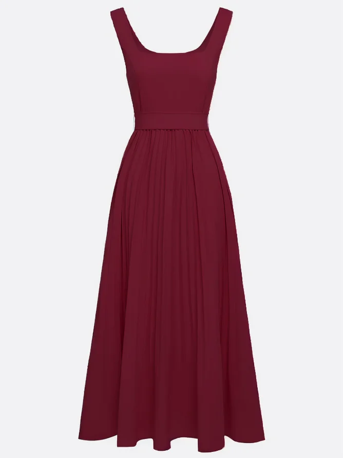 Wine Red Pleated Classic Square Neck Sleeveless A-Line Maxi Dress