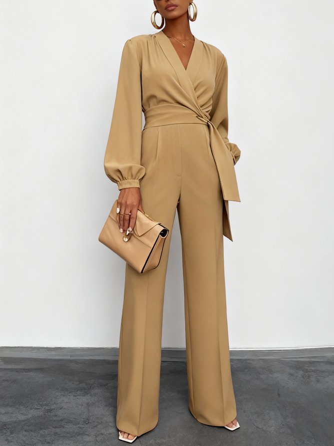 Women Khaki Knot Front V Neck Long Sleeve Balloon Sleeve Dressy Jumpsuit