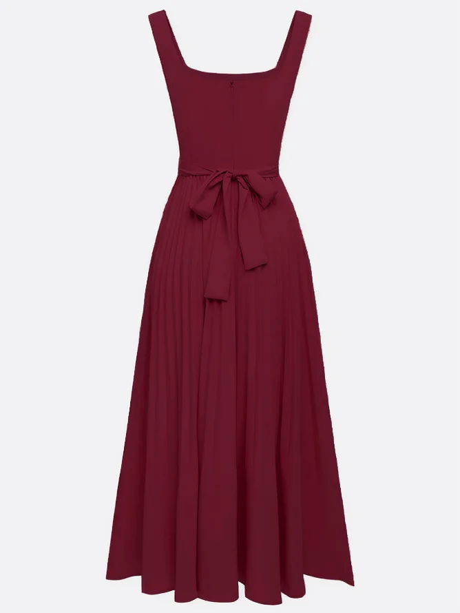 Wine Red Pleated Classic Square Neck Sleeveless A-Line Maxi Dress
