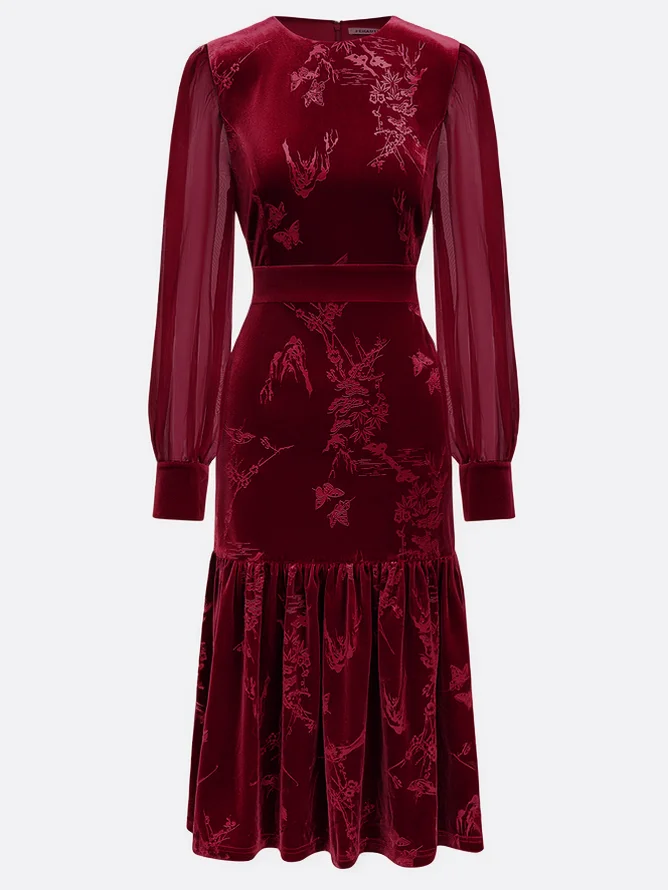 Wine Red Mesh Velvet Crew Neck Long Sleeve Balloon Sleeve Mermaid Midi Dress