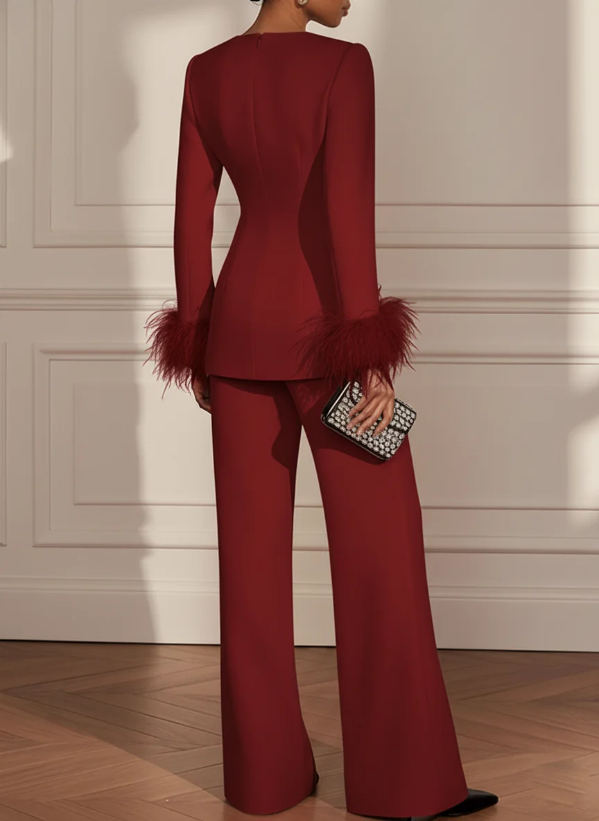 Women Burgundy Buckle Feather-trimmed Crew Neck Long Sleeve Dressy Top With Pants Two-Piece Set