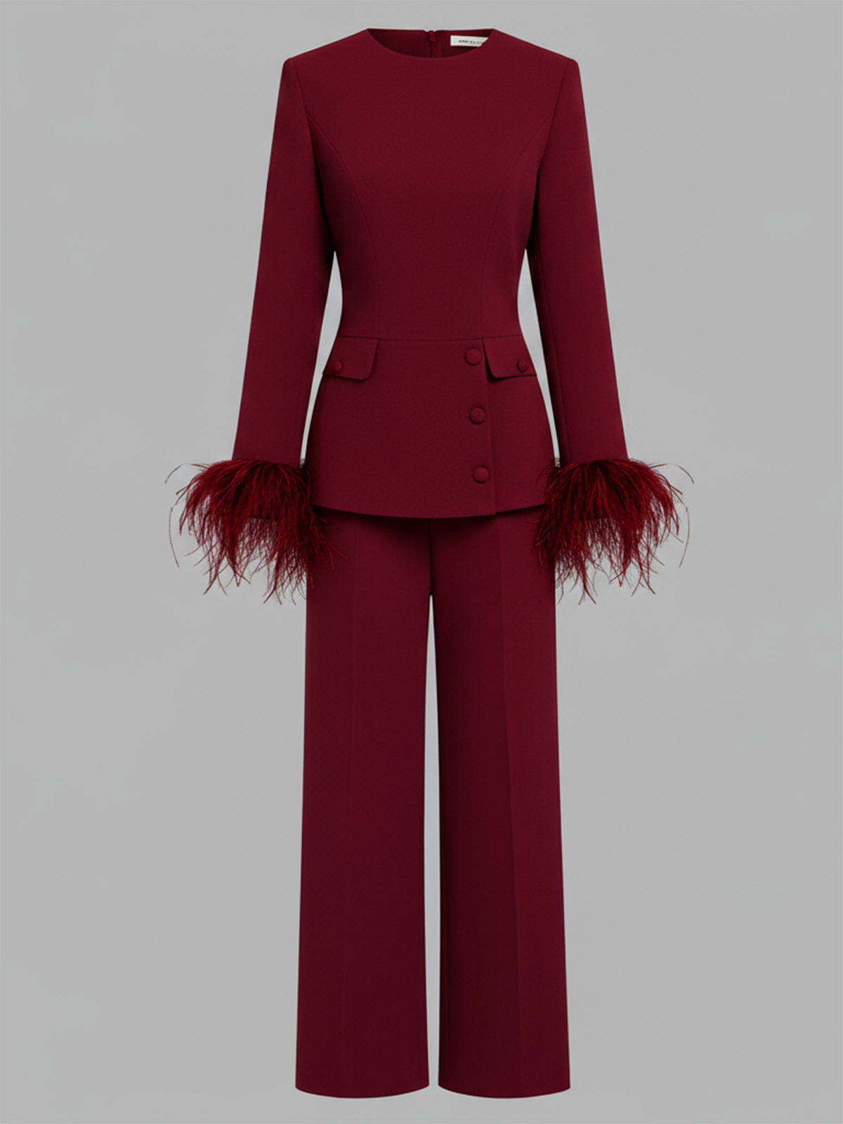 Women Burgundy Buckle Feather-trimmed Crew Neck Long Sleeve Dressy Top With Pants Two-Piece Set