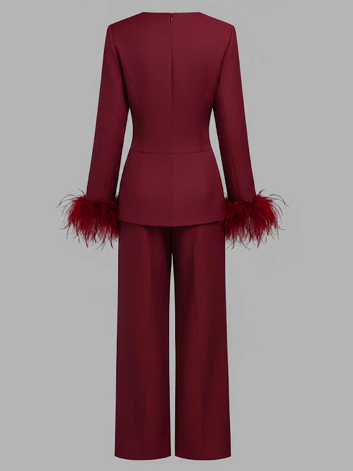 Women Burgundy Buckle Feather-trimmed Crew Neck Long Sleeve Dressy Top With Pants Two-Piece Set