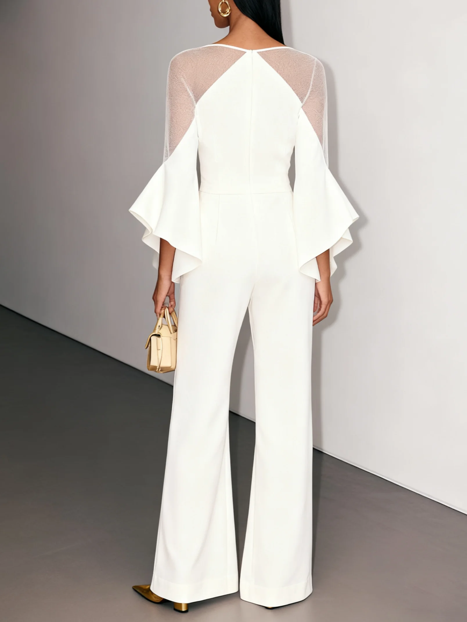 Women White Mesh Asymmetric Crew Neck Long Sleeve Bell Sleeve Dressy Jumpsuit