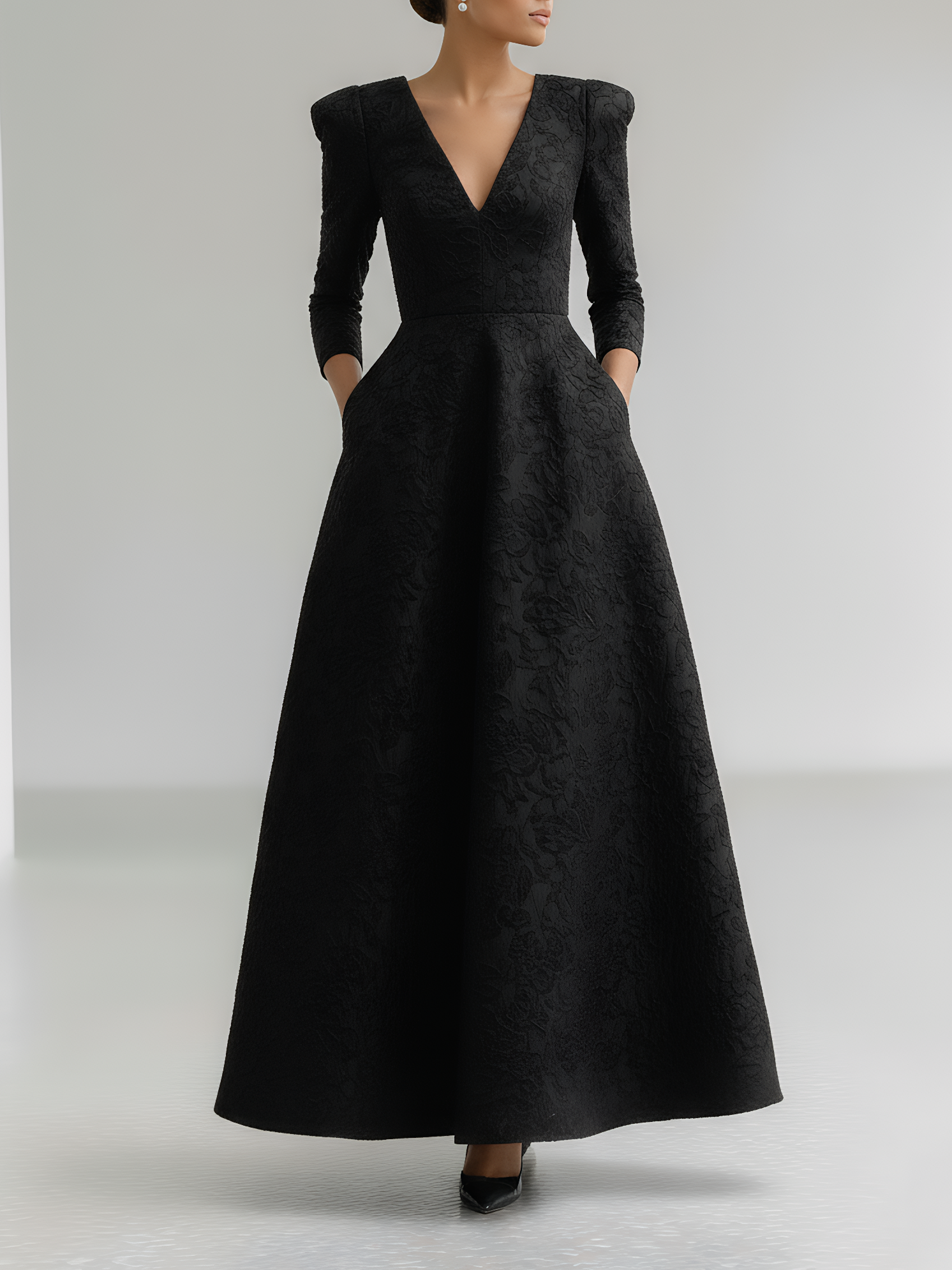 Black Jacquard Classic Notched Long Gigot Sleeve A-Line Maxi Dress