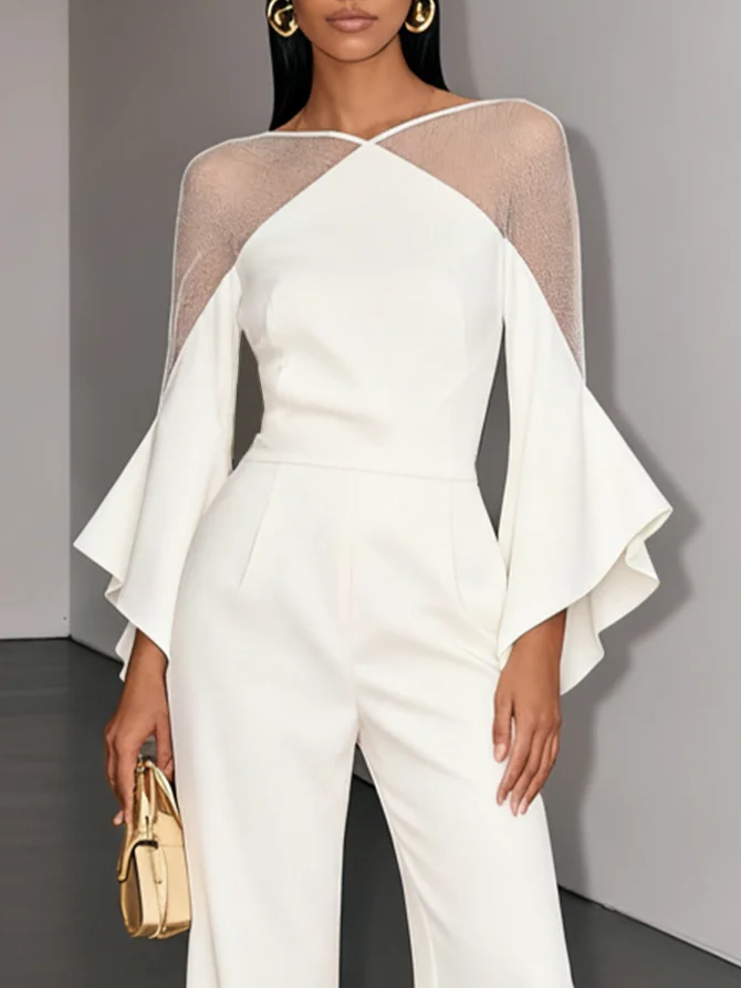 Women White Mesh Asymmetric Crew Neck Long Sleeve Bell Sleeve Dressy Jumpsuit