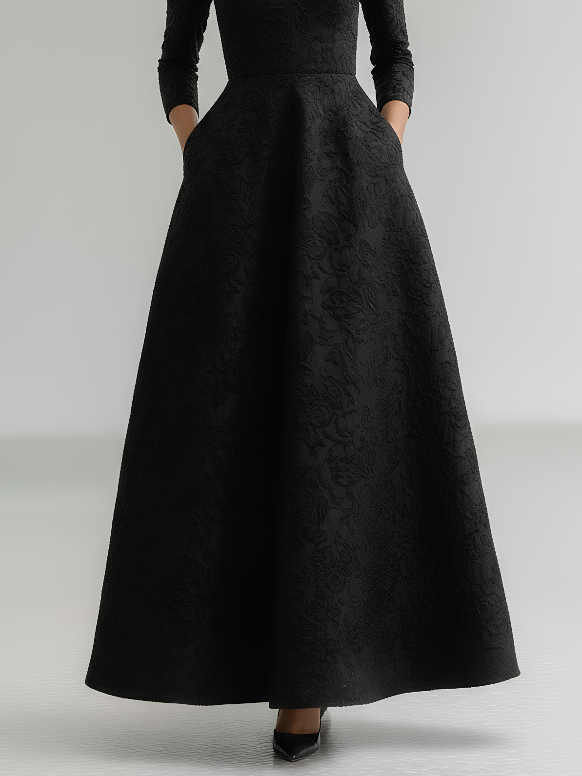 Black Jacquard Classic Notched Long Gigot Sleeve A-Line Maxi Dress