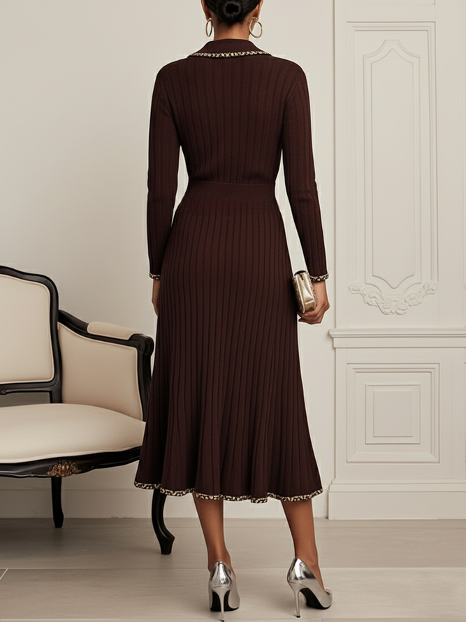 Red Brown Piping Buckle Sweater Shawl Collar Long Sleeve A-Line Midi Dress