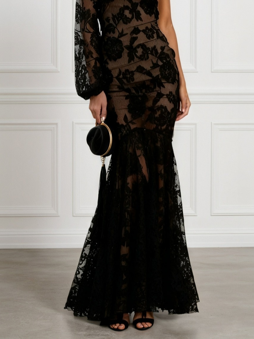 Black Jacquard Lace One Shoulder Long Sleeve Mermaid Maxi Dress