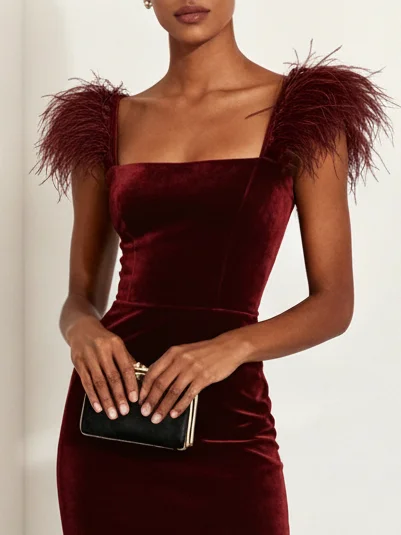 Wine Red Feather Velvet Square Neck Sleeveless Mermaid Midi Dress