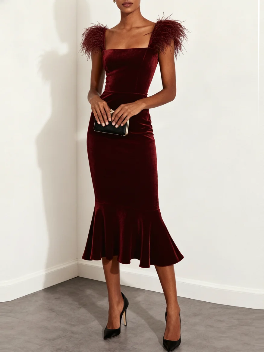 Wine Red Feather Velvet Square Neck Sleeveless Mermaid Midi Dress