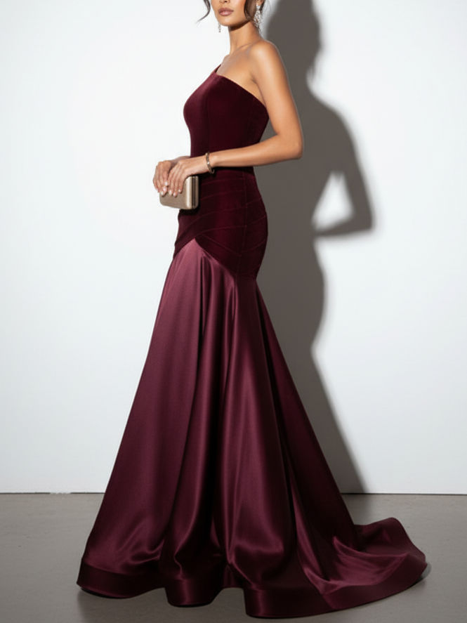 Burgundy Satin Ruched Split Joint Velvet One Shoulder Sleeveless A-Line Gown Dress