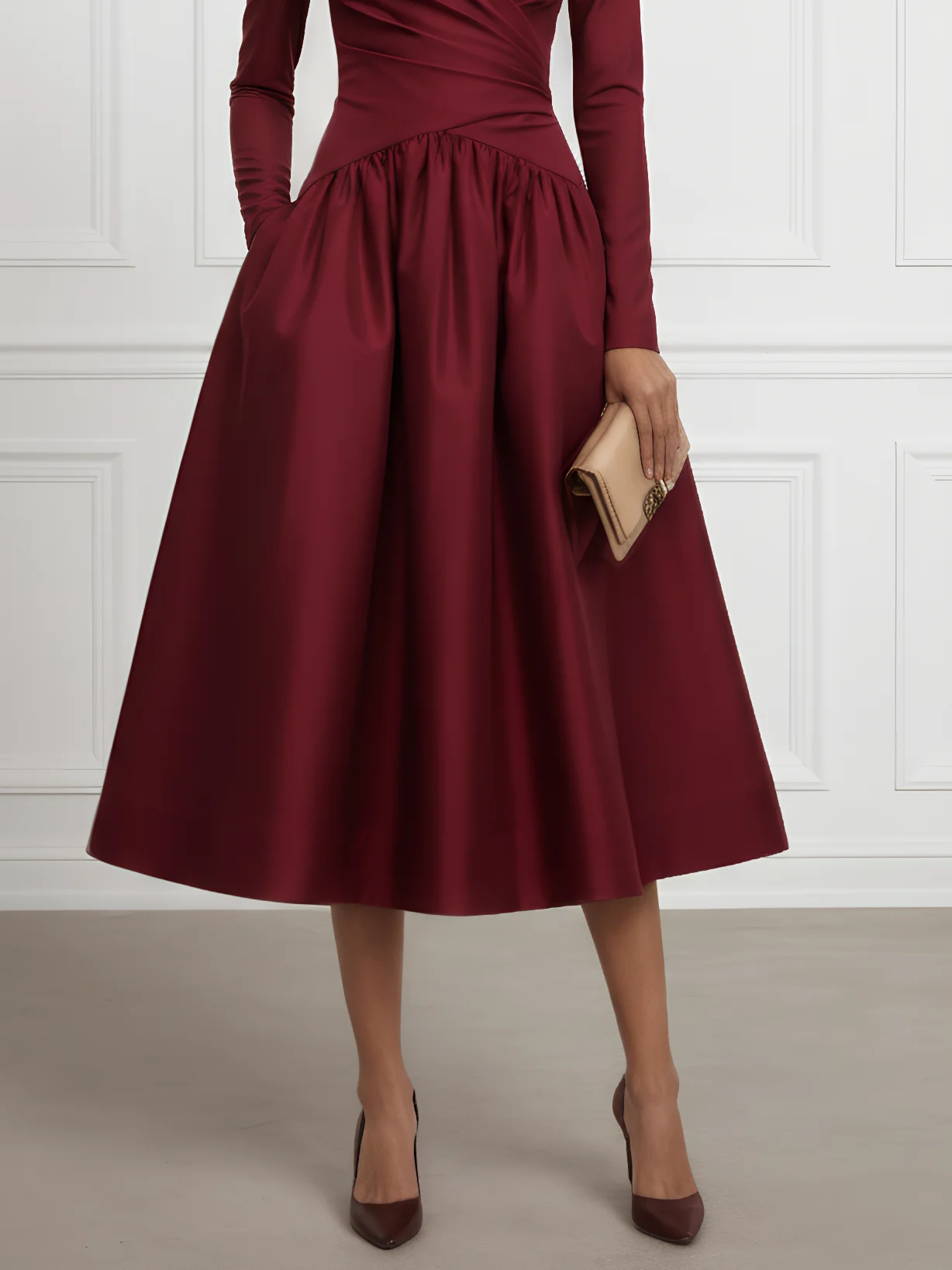 Burgundy Ruched Classic V Neck Long Sleeve A-Line Midi Dress