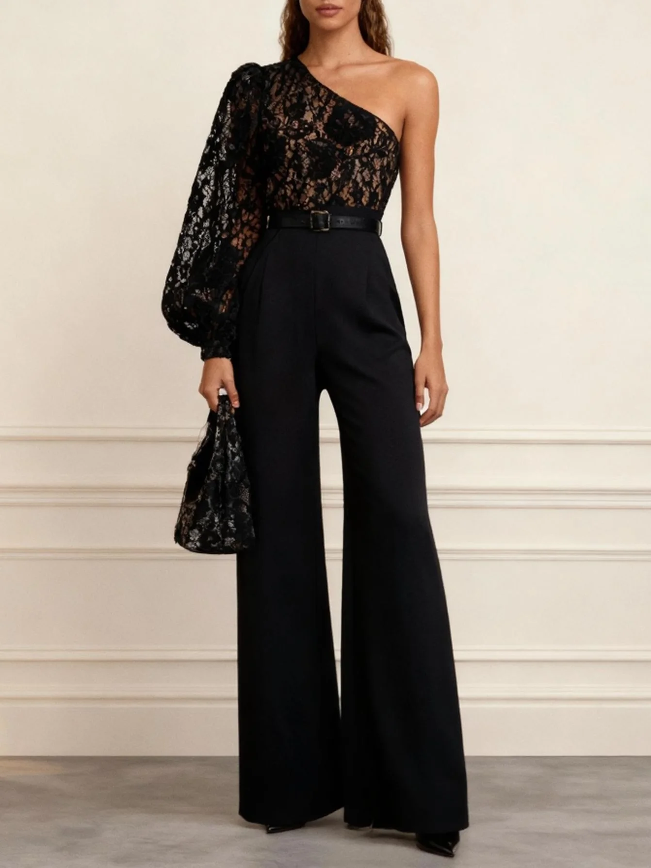 Women Black Lace One Shoulder Long Sleeve Balloon Sleeve Dressy Jumpsuit