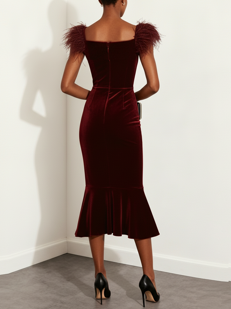 Wine Red Feather Velvet Square Neck Sleeveless Mermaid Midi Dress