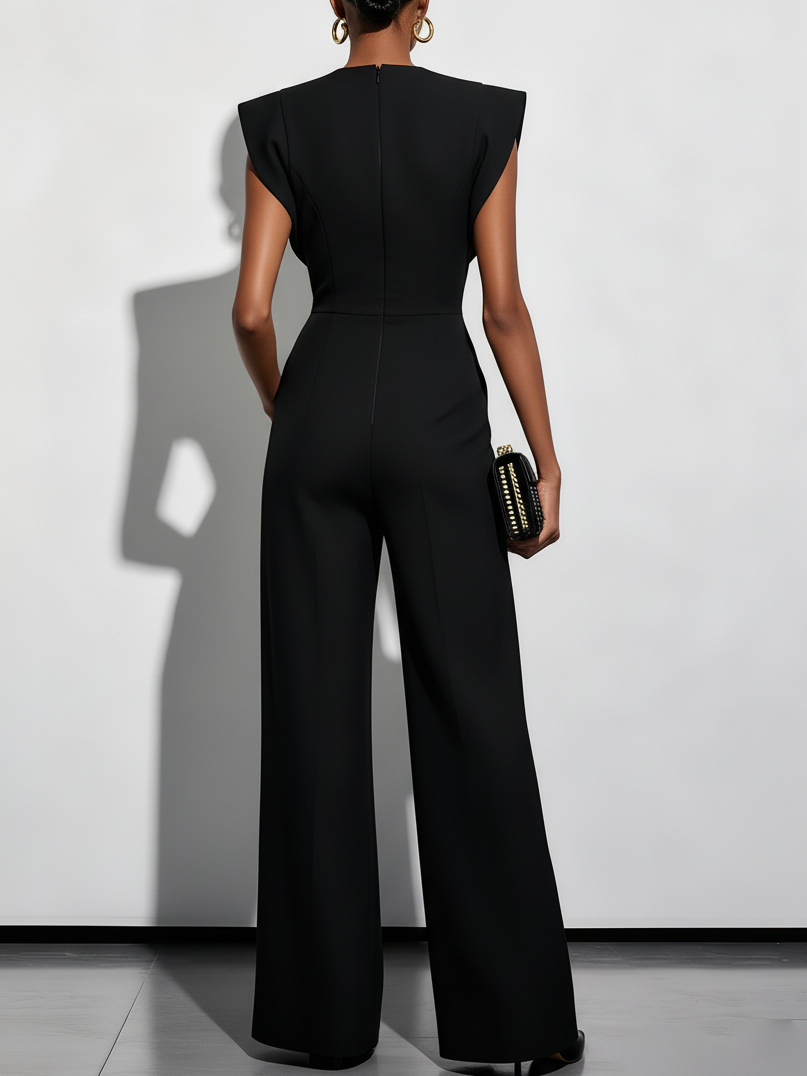 Women Black Buckle Hollow Out Crew Neck Cap Sleeve Dressy Jumpsuit