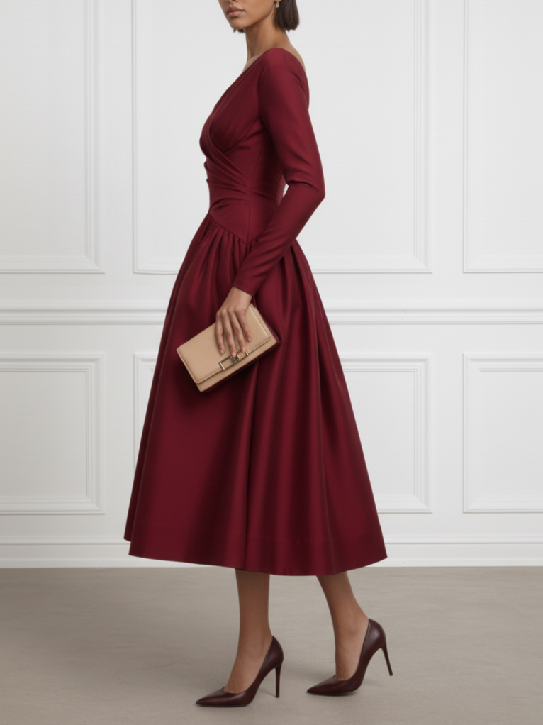 Burgundy Ruched Classic V Neck Long Sleeve A-Line Midi Dress