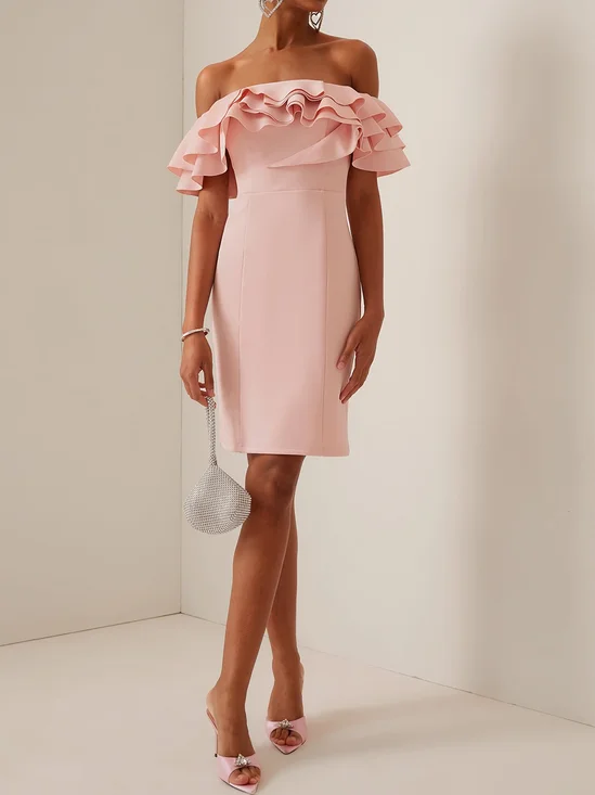 Pink Off The Shoulder Ruffled Sheath Midi Dress