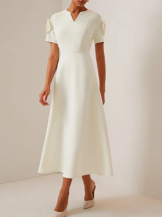 Off-White 3D Floral Short Sleeve  V Neck A-Line Maxi Dress 