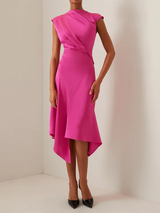 Rose Red Ruched Mock Neck Short Sleeve Midi Dress