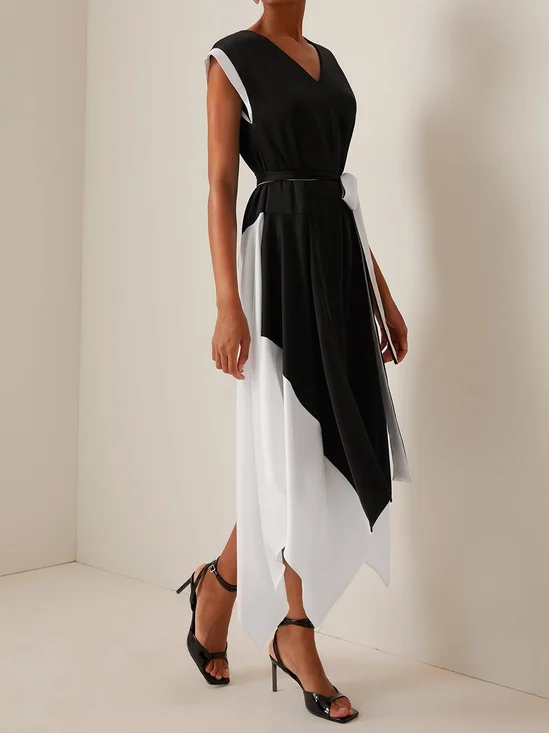 Black V Neck Short Sleeve Tie Waist A-line Midi Dress