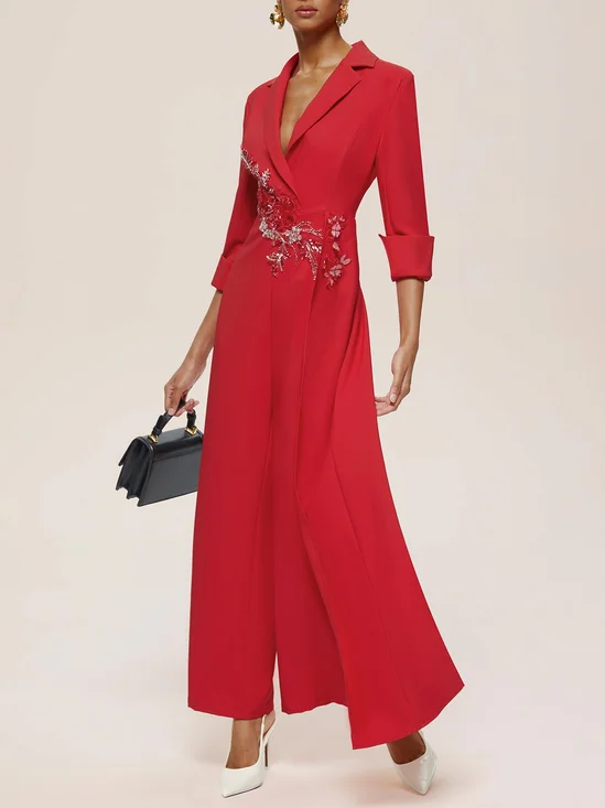 Red Applique Floral Lapel Collar Blazer Wide-Leg Jumpsuit