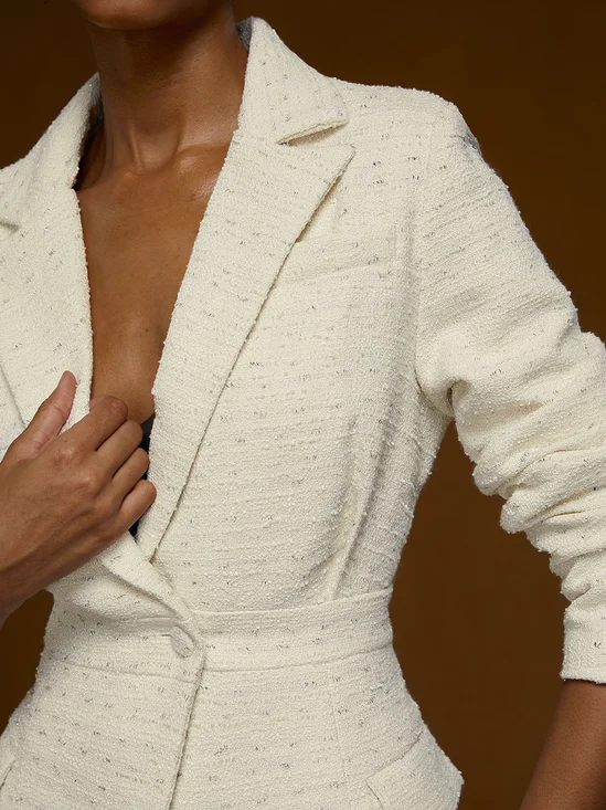 Women White Lapel Collar Tweed Blazer