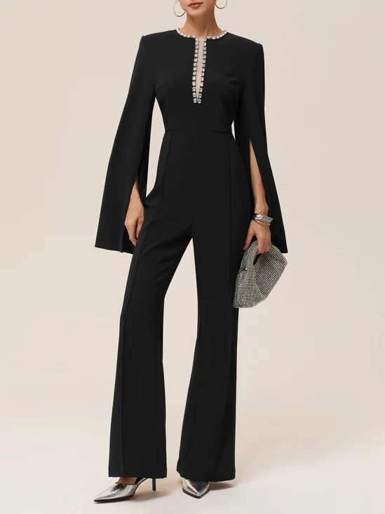 Women Black Rhinestone Split Bell Sleeve Wide-Leg Jumpsuit