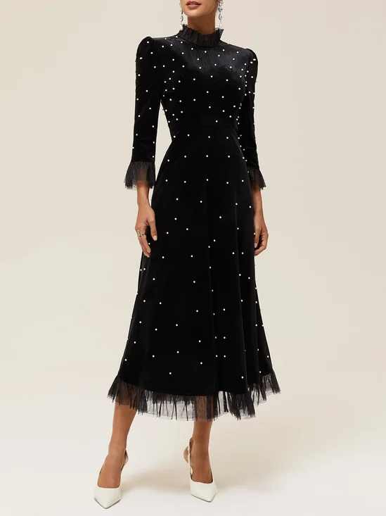Black Beaded Mock Neck Three Quarter Sleeve A-Line Maxi Velvet Dress