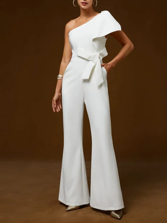 Women White Bow One Shoulder Wide-Leg Jumpsuit