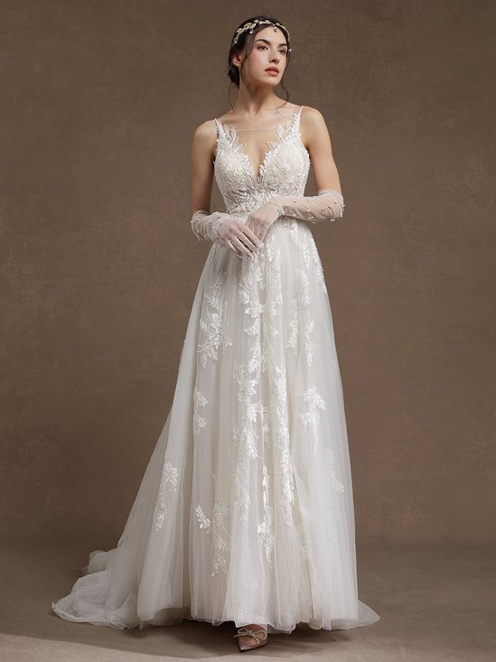 White Lace Wedding Dress Spaghetti Sleeveless A-Line Gown