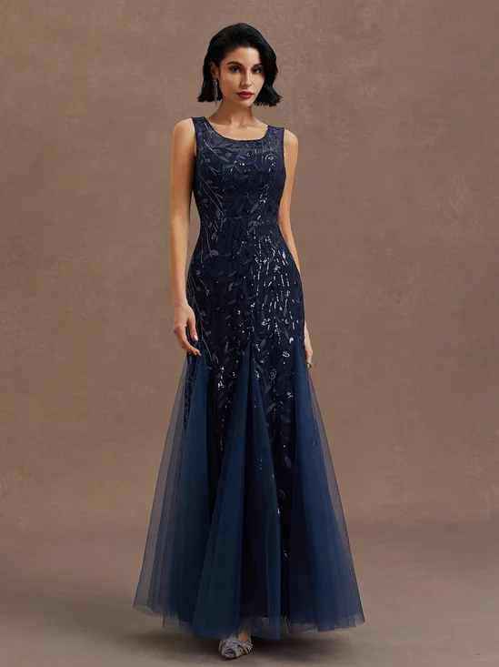 Purplish Blue Lace Crew Neck Sleeveless Sheath Maxi Dress