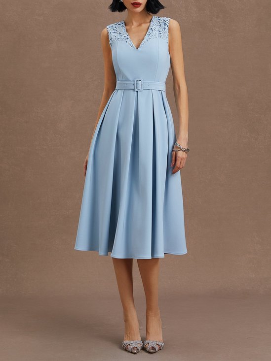 Light Blue Lace V Neck Sleeveless A-Line Midi Dress