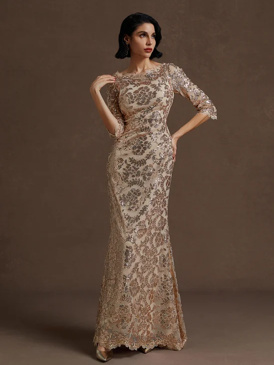 Rose Gold Lace Crew Neck Three Quarter Sleeve Sheath Gown Dress
