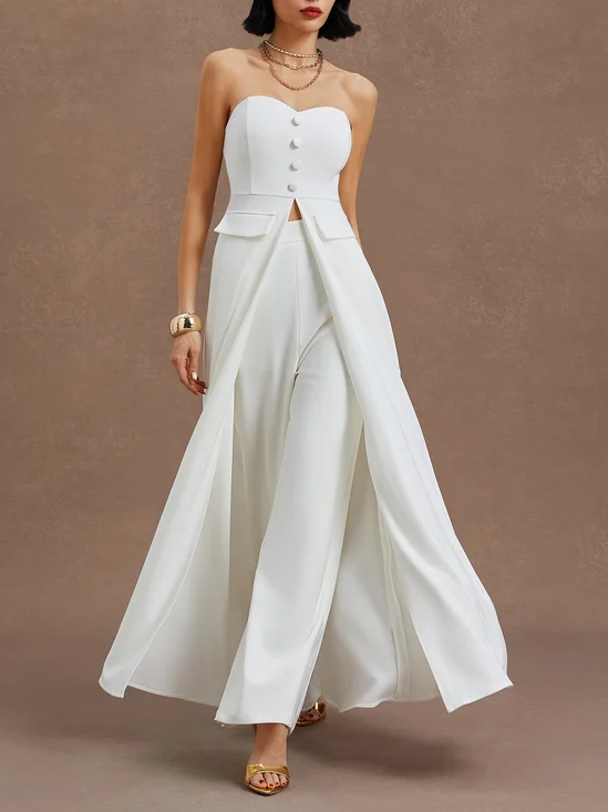 White Buckle Strapless Sleeveless Two-Piece Set