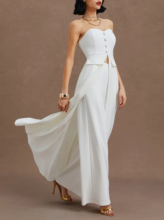 White Buckle Strapless Sleeveless Two-Piece Set